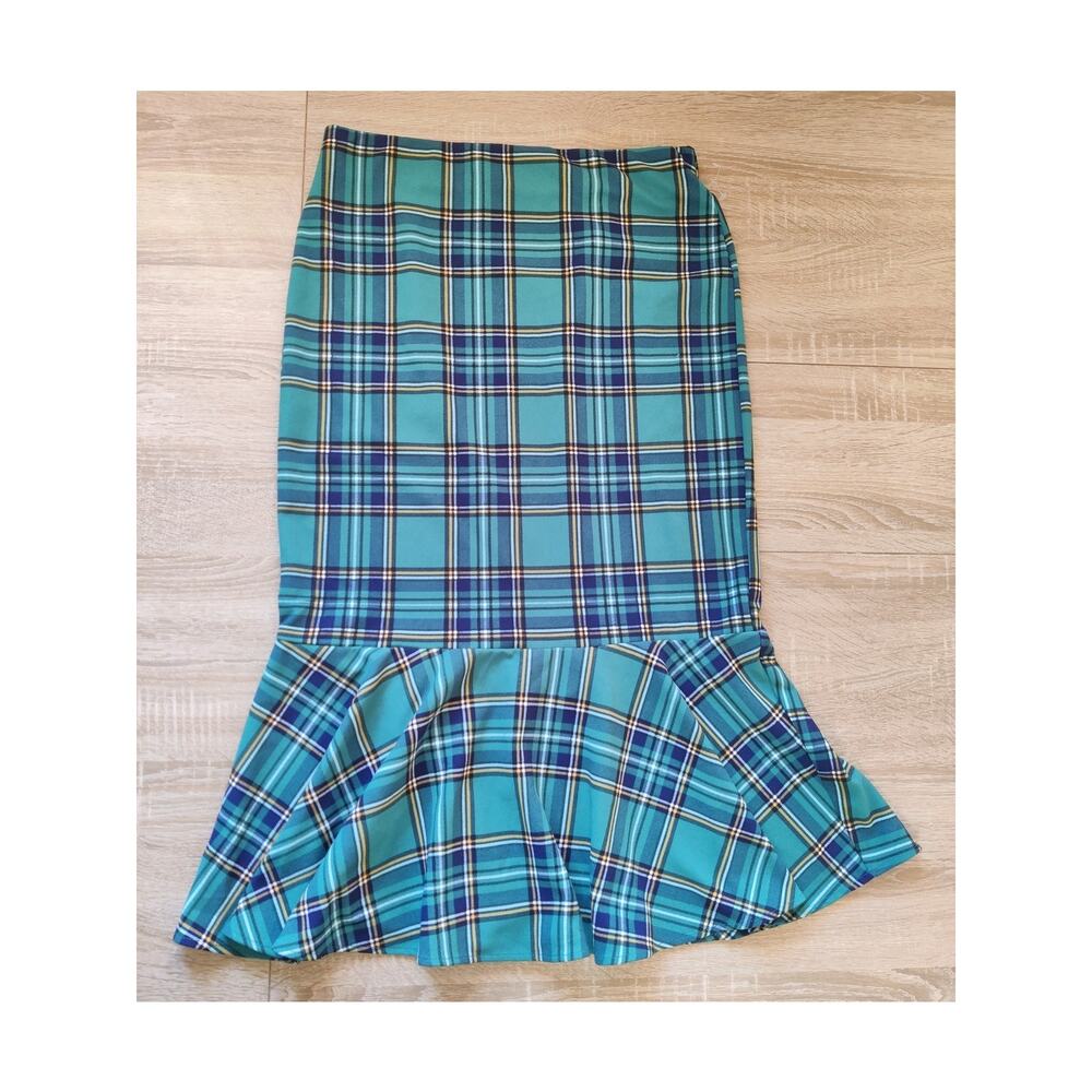Blue Green Plaid‎ Tartan Trumpet Hem Midi Skirt Mermaid Pull On Size M Office - Picture 2 of 8
